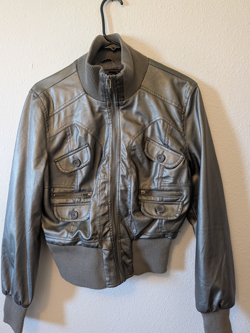 Metallic Grey Faux-Leather Bomber Jacket